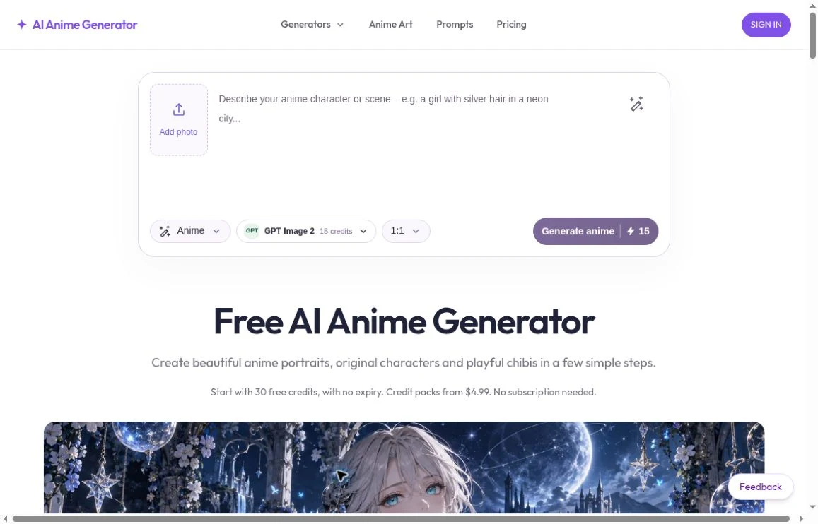 AI Anime Generator English homepage showing a prompt field, photo upload and style and model selectors