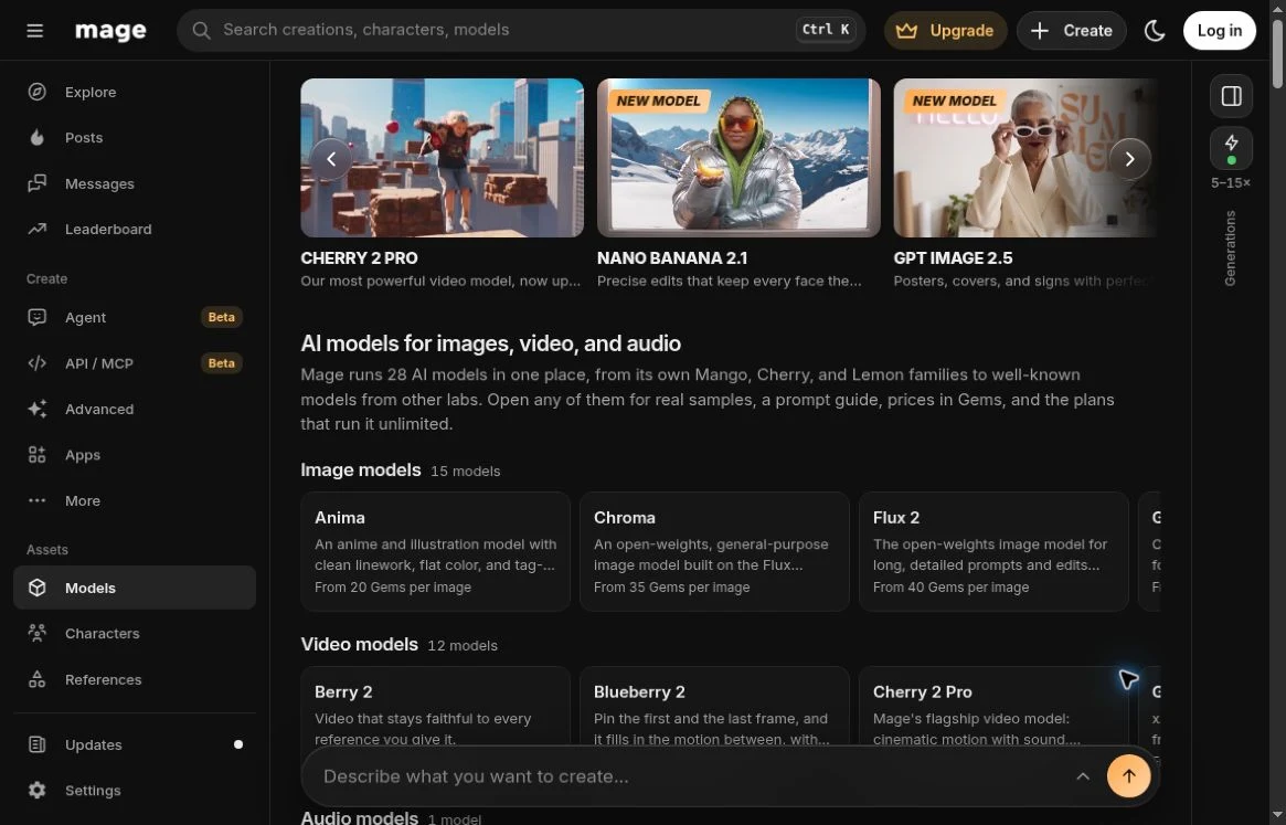 Mage English model browser showing image and video model categories, including the anime illustration model Anima