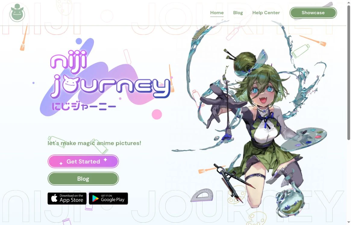 Niji Journey English homepage with its illustrated character, navigation and Get Started button