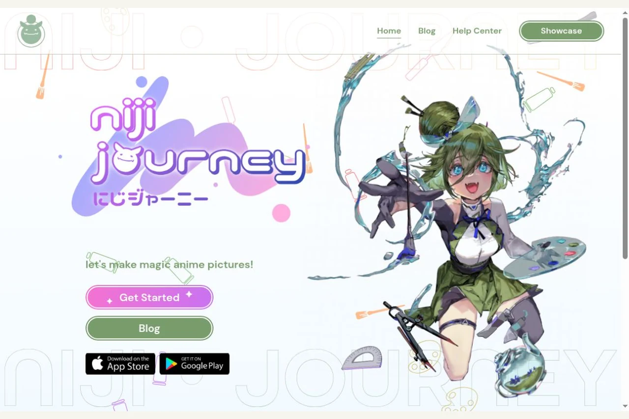 English Niji Journey official homepage with its illustrated character and Get Started button.