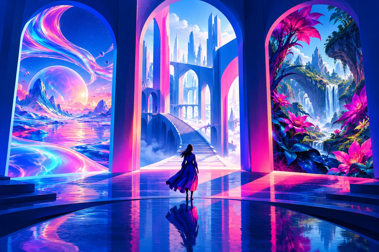 Three luminous portals opening onto distinct imaginative worlds in cobalt blue and magenta.