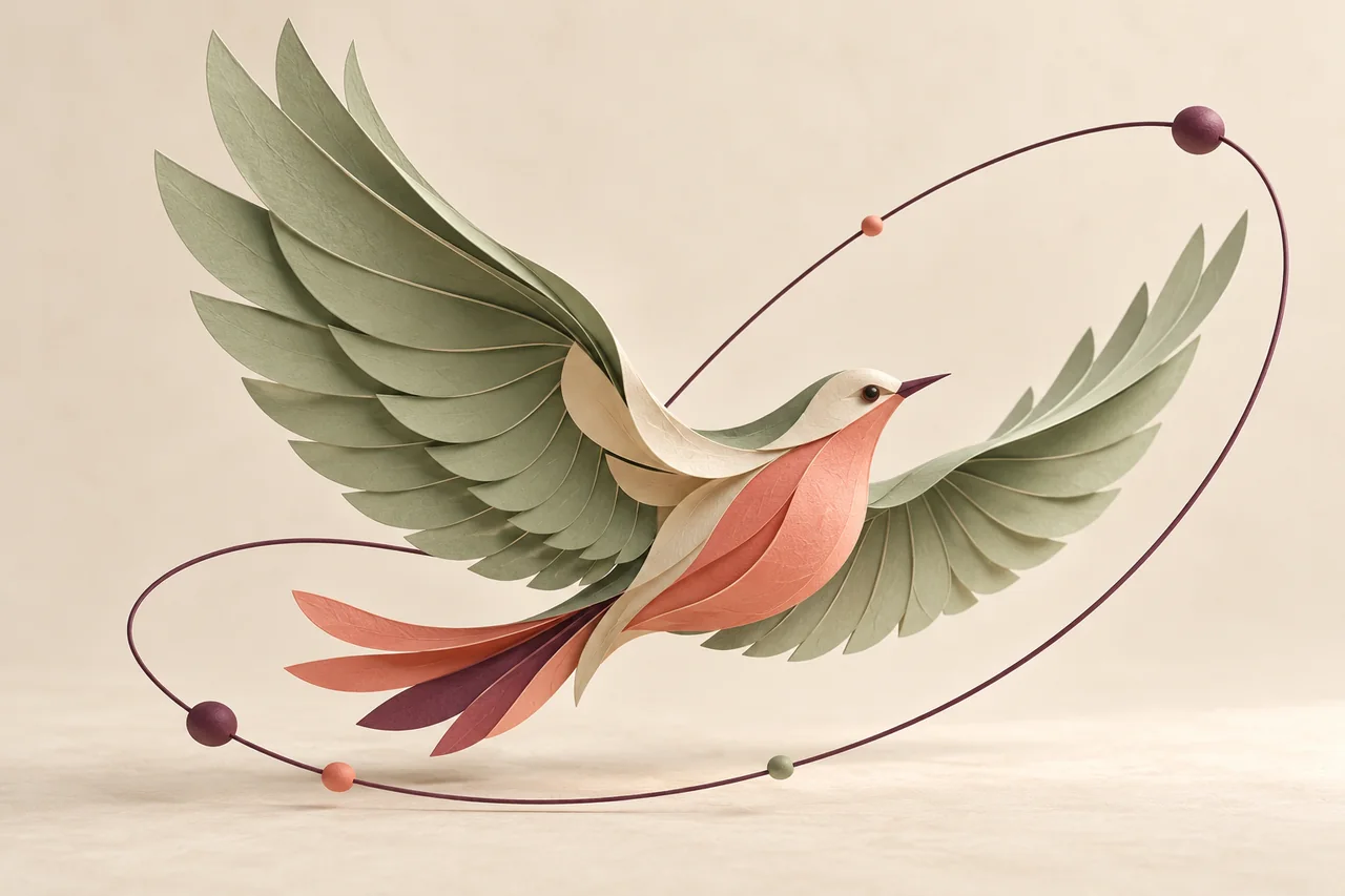 Layered paper bird surrounded by a curved wire with control-point beads.
