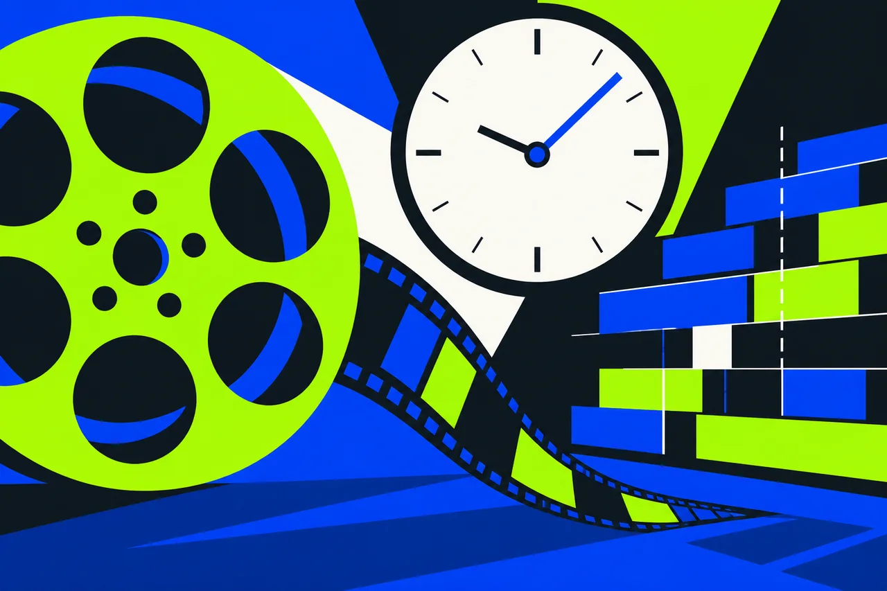 Abstract clock, film reel and stacked budget shapes in lime, black and blue.
