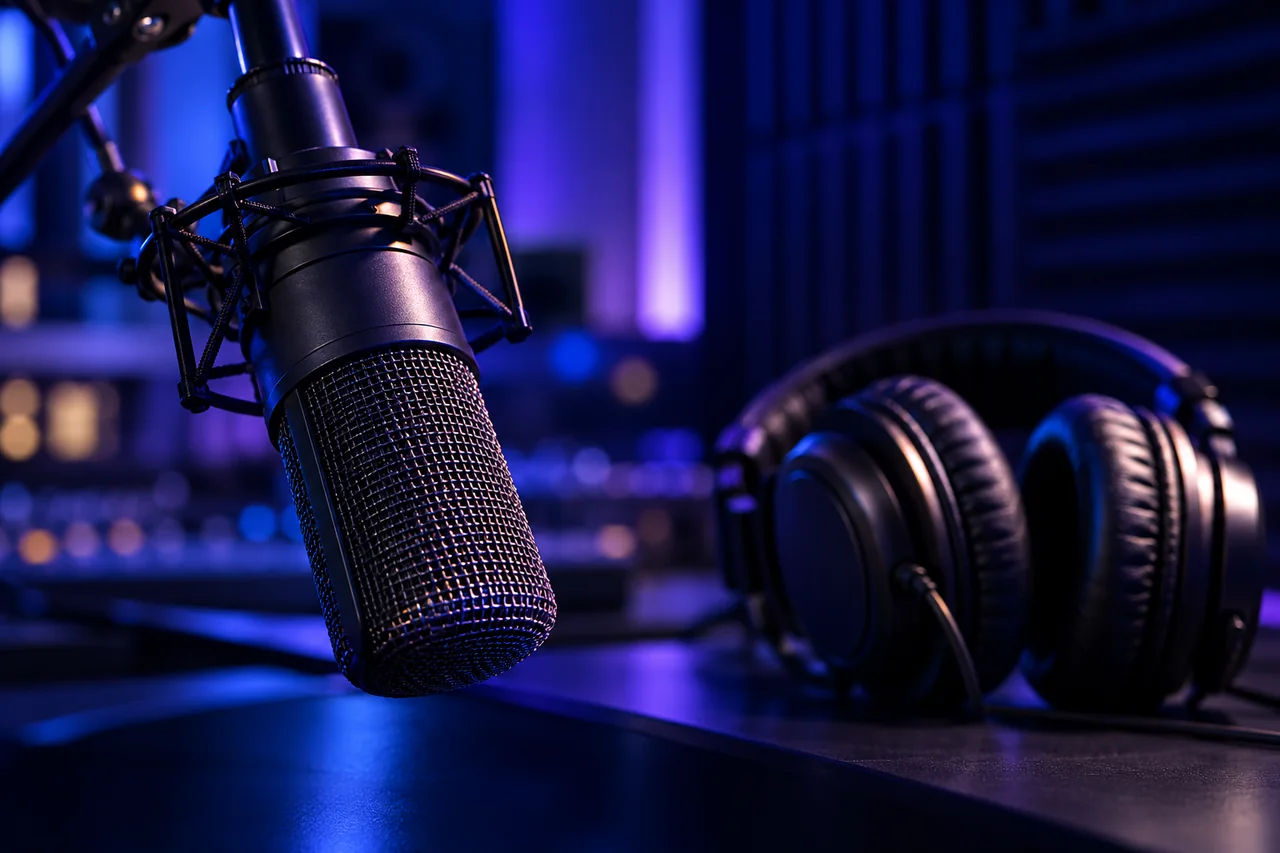 Close-up of a studio microphone and headphones under blue and violet recording-room light.
