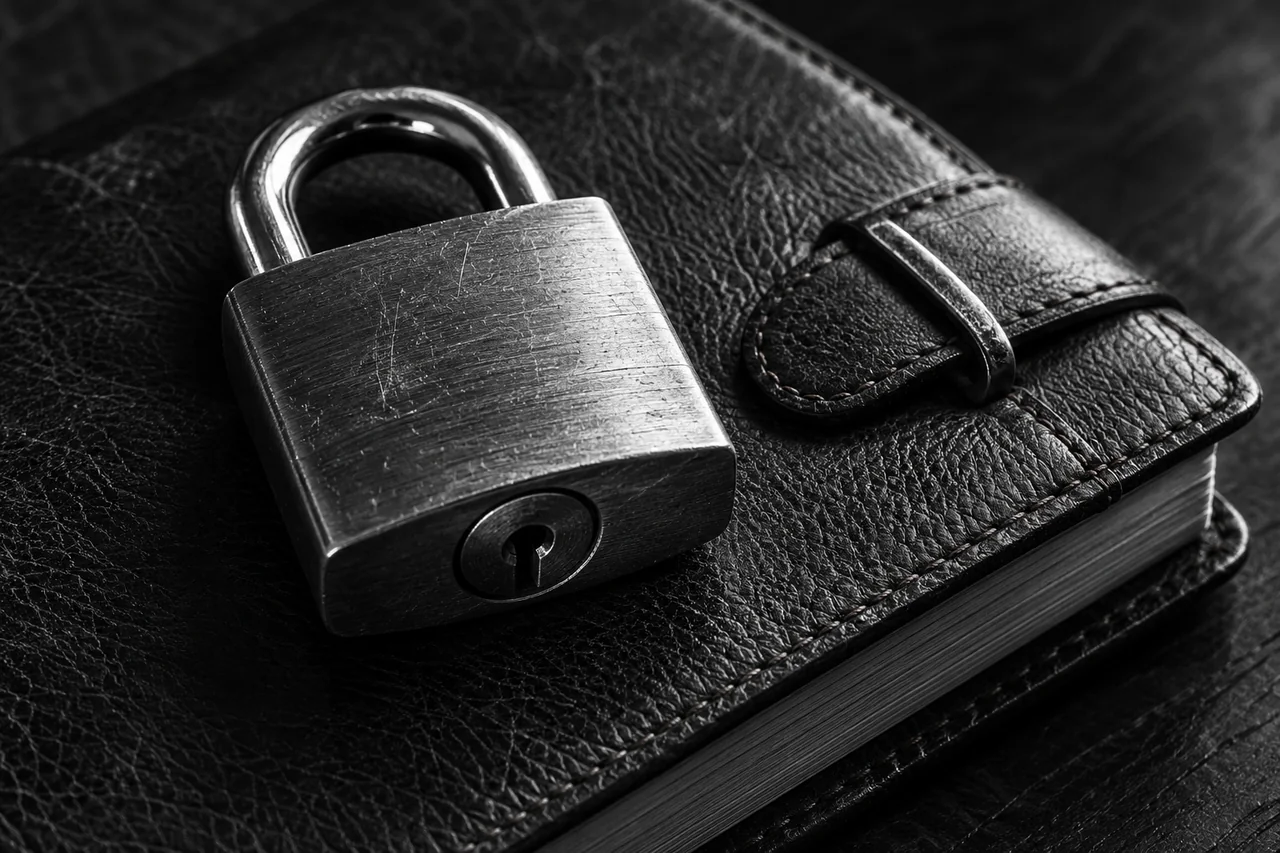 Black-and-white close-up of a metal padlock resting on a closed textured journal.