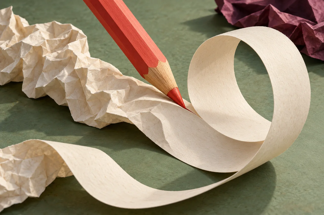 A coral editor pencil smooths a crumpled paper ribbon into a flowing loop.