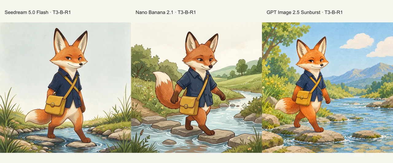 Actual stream-crossing results using the reference image, first result: Seedream, Nano Banana and GPT Image Sunburst, left to right.