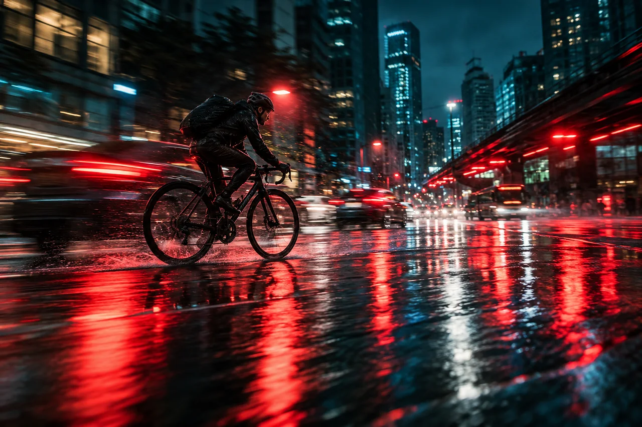 Cyclist crossing a rain-soaked neon city street with motion trails in teal and red light.