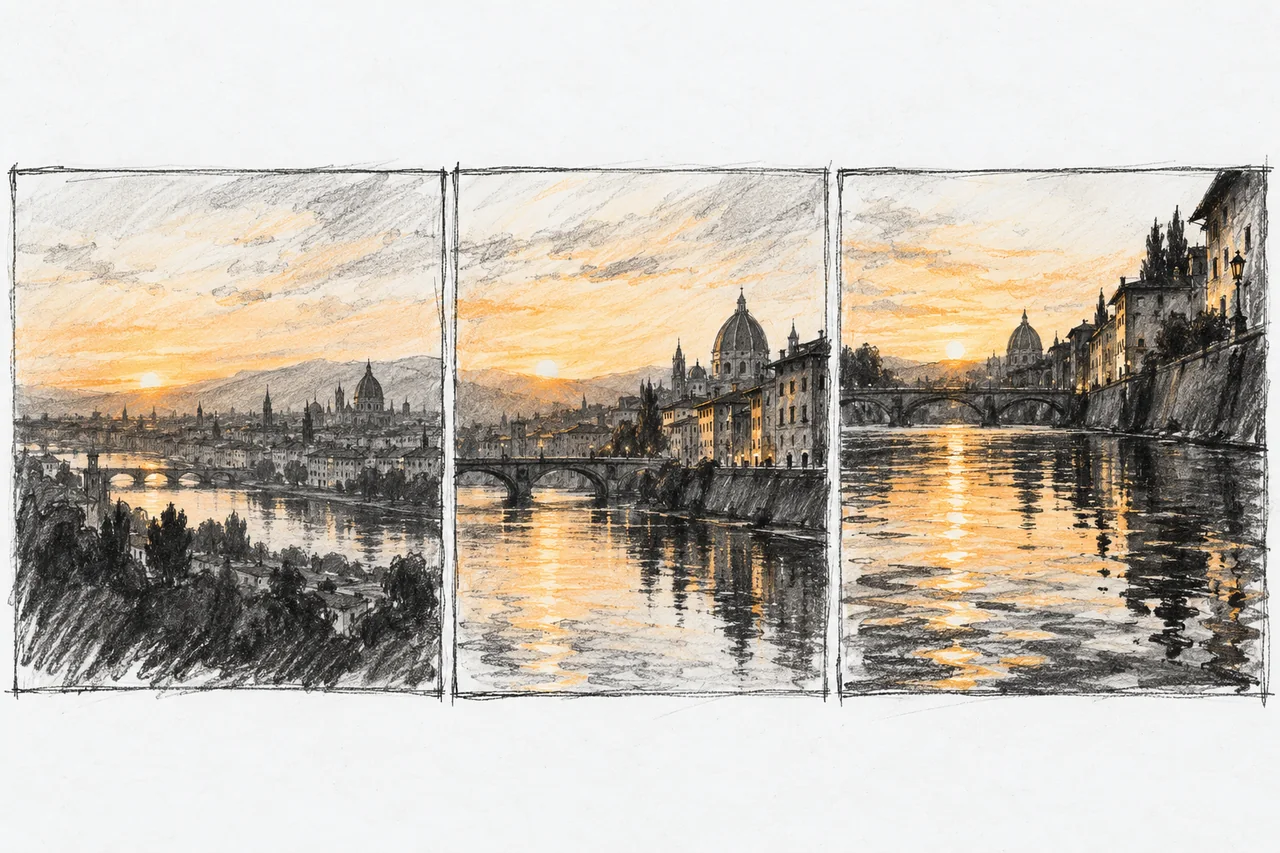 Three charcoal storyboard panels follow a sunrise from a city skyline to its river.