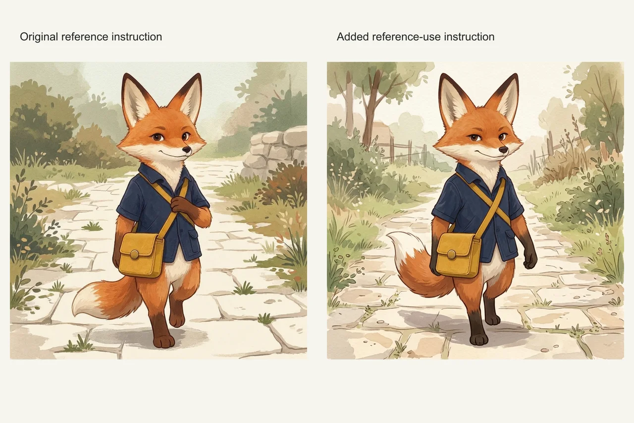 Two actual walking outputs from Nano Banana 2.1: original reference instruction and added reference-use instruction. Both retain a slight turn.