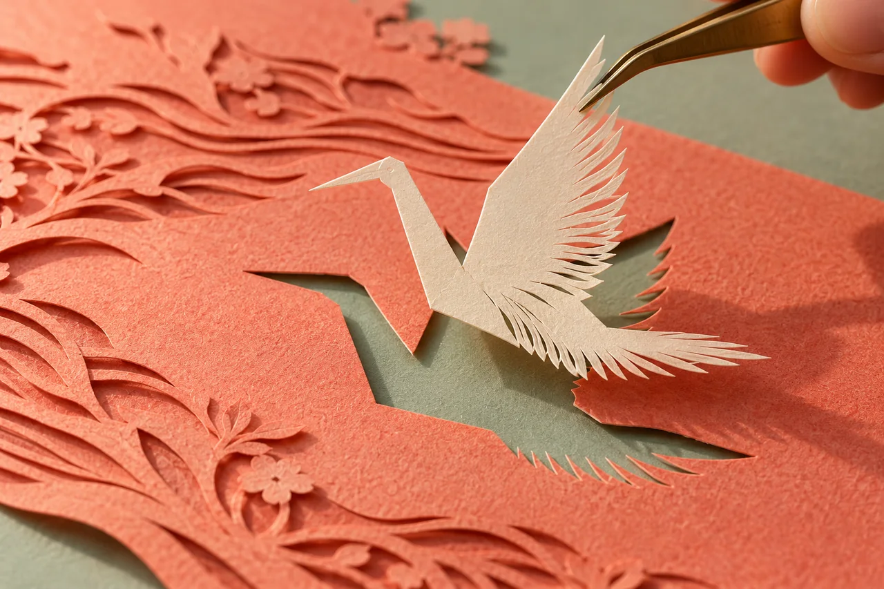 Brass tweezers lift a delicately cut paper crane from layered coral paper, emphasizing fine edges.