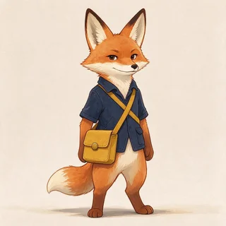 The actual common fox courier reference, with short navy jacket and square mustard bag